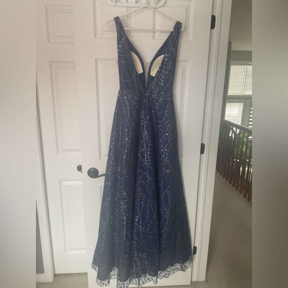 Full Length Navy Glitter Tulle and Satin Gown - Picture 2 of 15